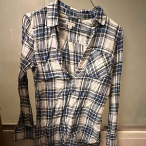 Merona blue white plaid flannel blouse with pockets size M